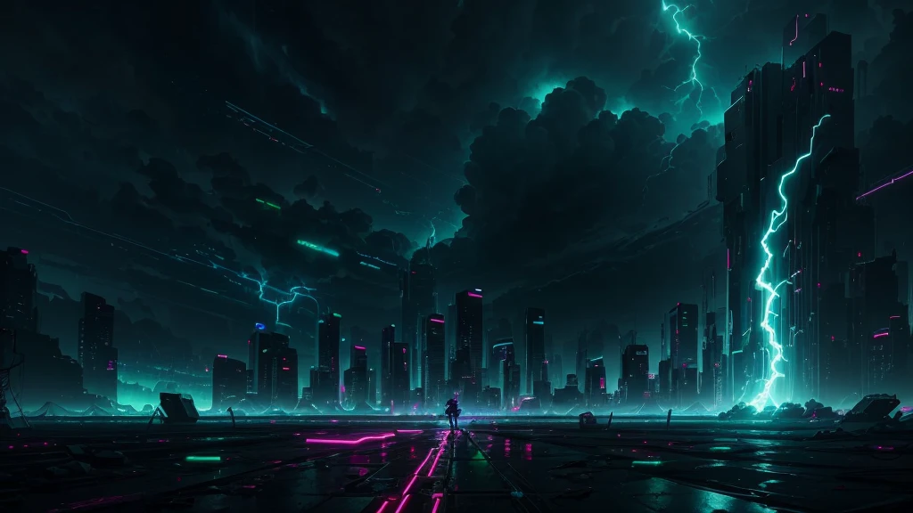 Design a captivating YouTube banner for 'DJ Energy' with a dark, apocalyptic theme. The background should feature a crumbling cityscape at dusk, with remnants of buildings silhouetted against a dark, stormy sky. Neon lights in electric blue and neon green should pierce through the darkness, casting an eerie glow over the scene. In the foreground, place a DJ deck with glowing controls, where vibrant sound waves and music notes in neon colors radiate outward, creating a sense of motion and energy. 'DJ Energy' should be written in bold, futuristic font with neon green accents, slightly cracked and weathered to match the apocalyptic setting. Include subtle, abstract lightning bolts around the text to emphasize the energetic theme. The overall atmosphere should be dark, electrifying, and visually striking, perfectly capturing the essence of an EDM DJ in a post-apocalyptic world.8k