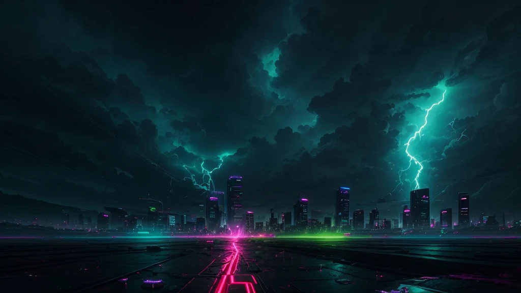 Design a captivating YouTube banner for 'DJ Energy' with a dark, apocalyptic theme. The background should feature a crumbling cityscape at dusk, with remnants of buildings silhouetted against a dark, stormy sky. Neon lights in electric blue and neon green should pierce through the darkness, casting an eerie glow over the scene. In the foreground, place a DJ deck with glowing controls, where vibrant sound waves and music notes in neon colors radiate outward, creating a sense of motion and energy. 'DJ Energy' should be written in bold, futuristic font with neon green accents, slightly cracked and weathered to match the apocalyptic setting. Include subtle, abstract lightning bolts around the text to emphasize the energetic theme. The overall atmosphere should be dark, electrifying, and visually striking, perfectly capturing the essence of an EDM DJ in a post-apocalyptic world.8k