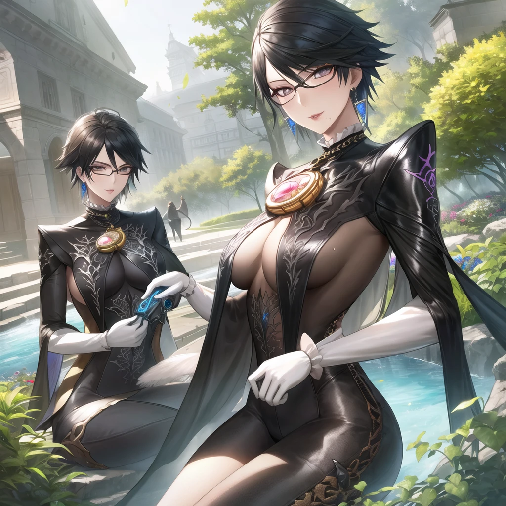 ((masterpiece)),((Highest quality)),((Absurd)),((ornine)),cowboy_shot,(Straight),dynamic_Pause,Bayonetta_2_shorthair_iwife,iwife,black_hair,green_eye,jewelry,Glasses,Earrings,Mole_Down_mouth,compensate,short_hair,lipstick,lips,gloves,Amulets,alternine_hair_length,chest,Bodysuits,elbow_gloves,black-framed_Glasses,big_chest,white_gloves,eyehadow,Lock,chestof谷間_cut out, clothing_cut out,chestof谷間,前hair,semi-rimless_Glasses,Toned Up,Curvy, Tight waist, 一人in,minure_woman,Looking_in_Audience,architecture,garden,stream,Outdoor,Slope_null,twiLight,petal,magic,backLighting,Light_particle,Bokeh, Blurred_background,colorful,(High resolution),(ornine_Clothes),(disappear_point),(まだら模様of_sunLight),(depth_of_Field),(scenery),(Realistic),(masterpiece),