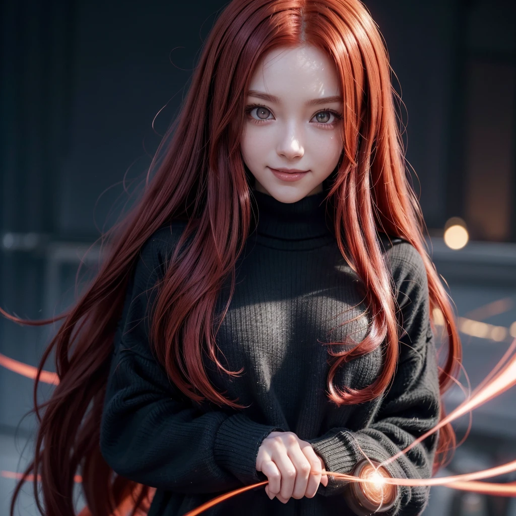 ((best qualityer)),((sorriso dark))((long red hair)), ((4K)), ((beautiful anime girl)), ((anime styling), black sweater, anime with glowing eyes, aura of power in blur