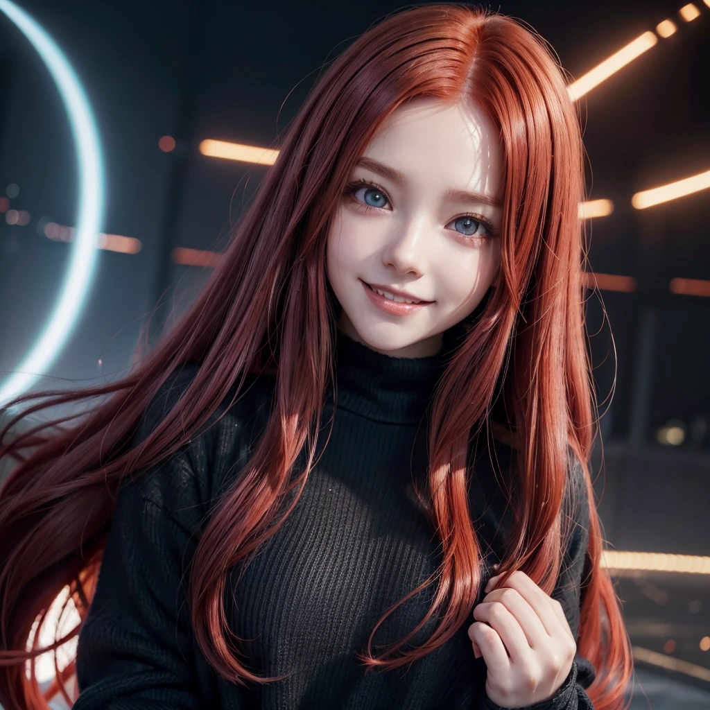 ((best qualityer)),((sorriso dark))((long red hair)), ((4K)), ((beautiful anime girl)), ((anime styling), black sweater, anime with glowing eyes, aura of power in blur
