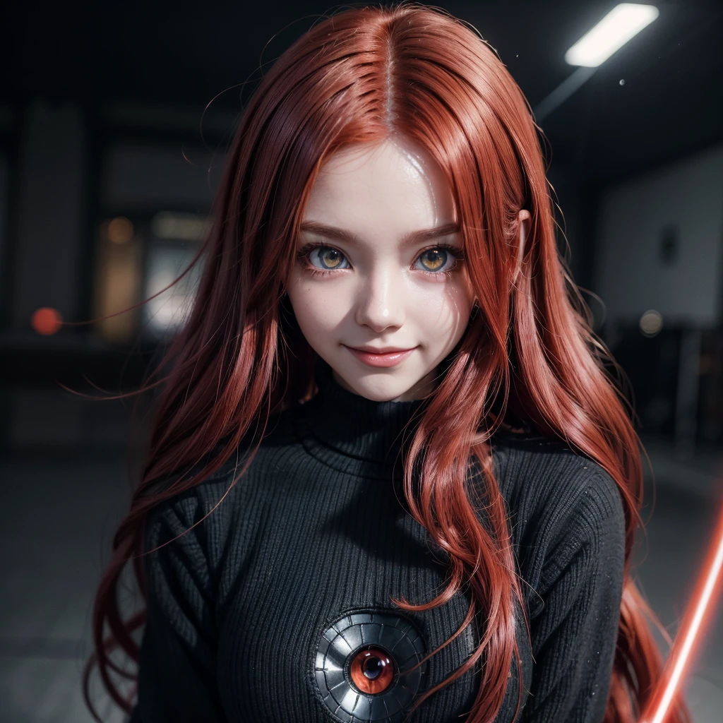 ((best qualityer)),((sorriso dark))((long red hair)), ((4K)), ((beautiful anime girl)), ((anime styling), black sweater, anime with glowing eyes, aura of power in blur