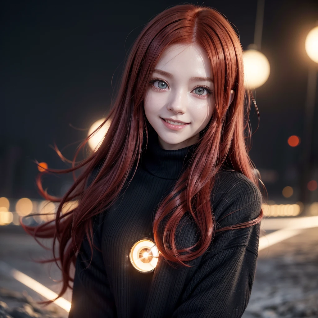 ((best qualityer)),((sorriso dark))((long red hair)), ((4K)), ((beautiful anime girl)), ((anime styling), black sweater, anime with glowing eyes, aura of power in blur
