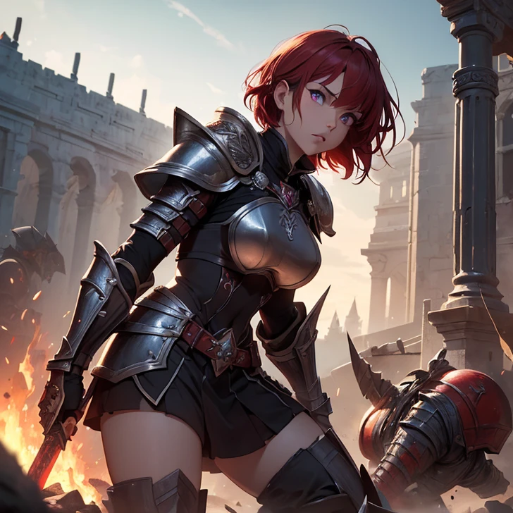 (absurdres, high fantasy artwork, best high quality image, carefuly detailed, very detailed features and textures, everquest-aesthetic)
{{1character: 25 years old red haired barbarian girl, (scarlet red short hair, purple eyes with black pupils, very thin lips, white skin with blood, wearing full armor, attack pose, very serious face, no sense of humor), (full bulky knight armor with blood, full bulky shoulder plates with blood, full armored bulky-breast-plate-armor-no revealing-skin dirt with blood, full gauntlets plates, full elbow plates, full plate boots), (her weapon: broad sword on her back), (Wooden irish cotage with ancient Greek forniture and celtic forniture, battle scene in fire)}}