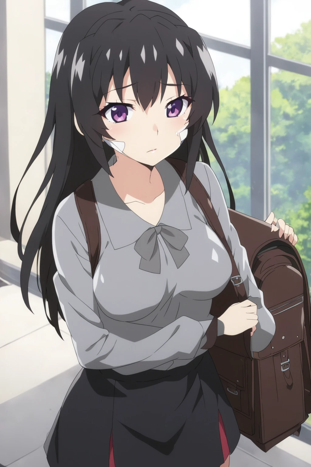 anime girl with a backpack and a mask on her face, purple eyes, anime moe artstyle, cute anime waifu in a nice dress, anime visual of a cute girl, beautiful anime high school girl, gray shirt, short skirt, anime girl with long hair, long straight hair, high quality anime artstyle, from girls frontline, anime style 4k, mature anime girl, anime girl wearing a black dress, kantai collection style,black shiny hair, normal breast