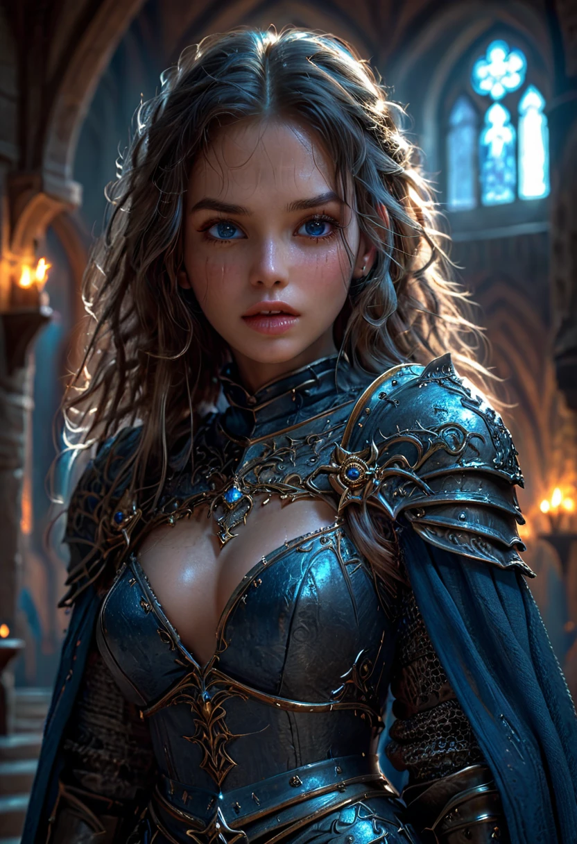 (by Greg Rutkowski: 1.2). ((knight of the soul, dark fantasy, face portrait)). (extremely detailed CG unity 8k wallpaper, masterpiece, best quality, ultra-detailed, depth of filed, HDR:1.2, detailed eyes). vibrant colors, intricate, high FXAA, 1woman, beautiful detailed eyes, beautiful detailed lips, extremely detailed face and eyes, long eyelashes, casual medieval clothes, cleavage, medieval architecture, fantasy landscape, glowing magic aura, cinematic lighting, dramatic lighting