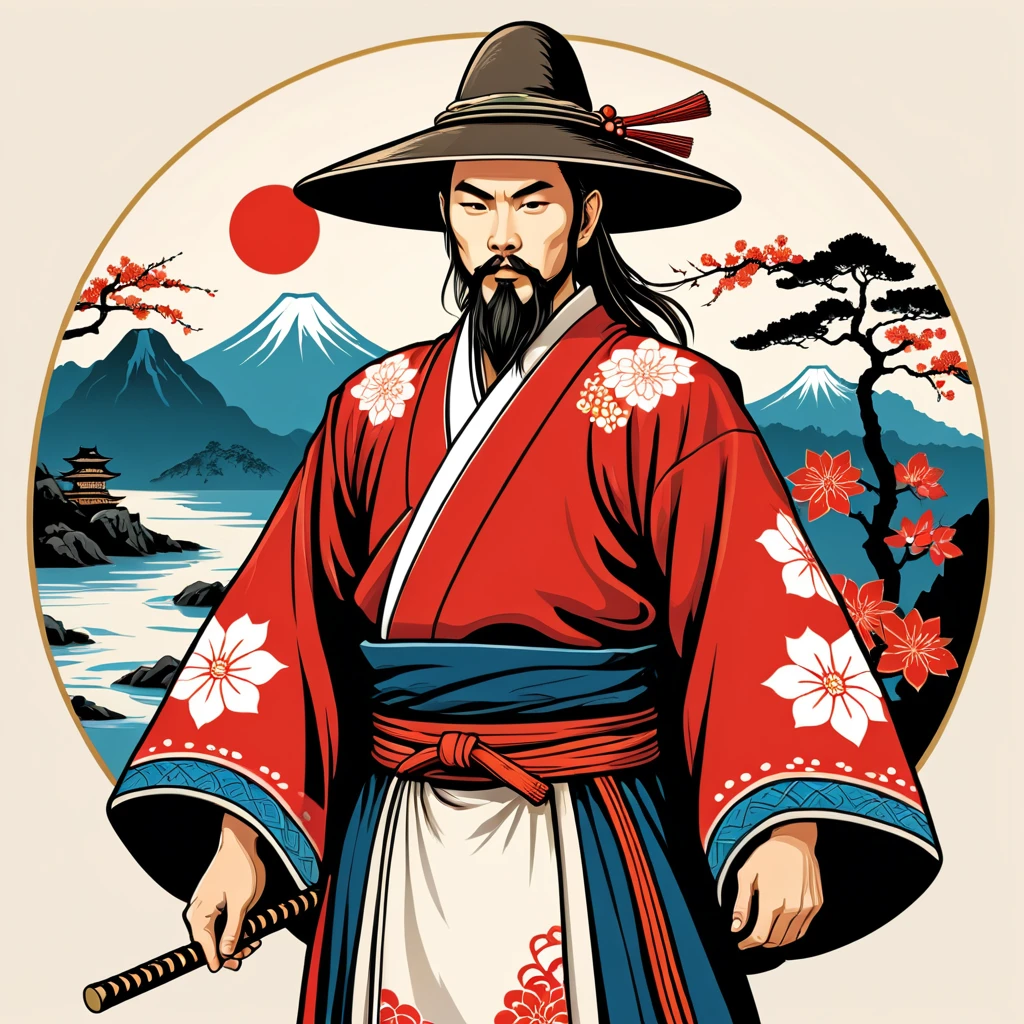 hungarian sorcerer in japanese folk outfit, vector graphics, strong contours
