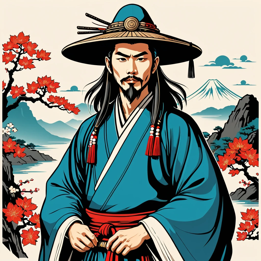 hungarian sorcerer in japanese folk outfit, vector graphics, strong contours
