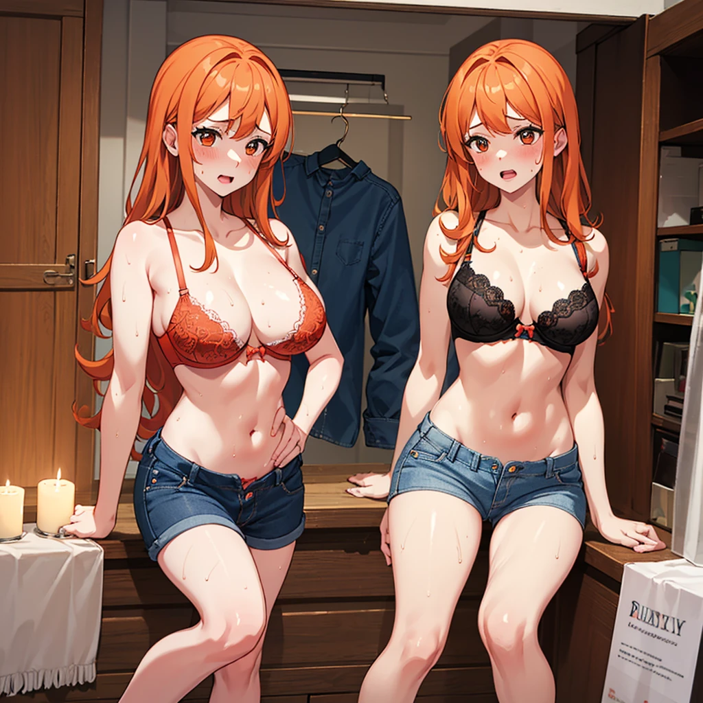 masterpiece, best quality, high quality, 8k,( highly detailed:1.3), detailed eye, detailed face, anime,
(2 females:1.5), (identical twins:1.9), dynamic angle, clone,
day, collarbone, ((embarrassed, large breasts, jeans, changing room, bra, nipple outlines)), 
(nami \(one piece\):1.1), breasts outwards, taking deep breath, orange hair, long hair
 long orange_hair, orange_eyes, tattoo, large breasts, large breasts, nipples, navel, completely nude, emotional, open mouth, (embarrassed, blush), (floating hair:1.2), (sweat particles in air:1.4), (sweat, lens flare:1.1), (indoors, candle light:1.1), wood, (steam:1.1), wet, (backlighting), (cum inside pussy, creampie, bukkake:1.2) (spread legs:1.2),yuri sex,nsfw,(2 females:1.1)