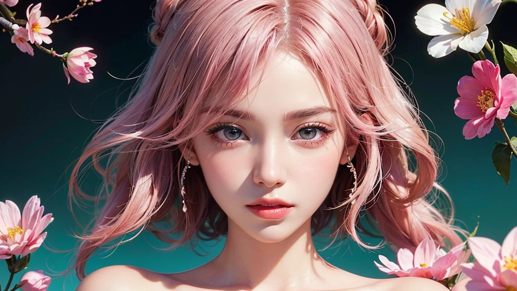 One girl, alone, flower畑, flower, (Official Art, unity 8k wallpaper, Super detailed, beautifully、aesthetic, masterpiece ,Highest quality:1.3), (Dynamic Angle:1.2), (Floating colorful sparkles:1) , elegant, Vibrant colors, Highly detailed face, Detailed eyes, Glowing Skin, Glossy Lips , Pale pink and pale orange background, Pink Hair,