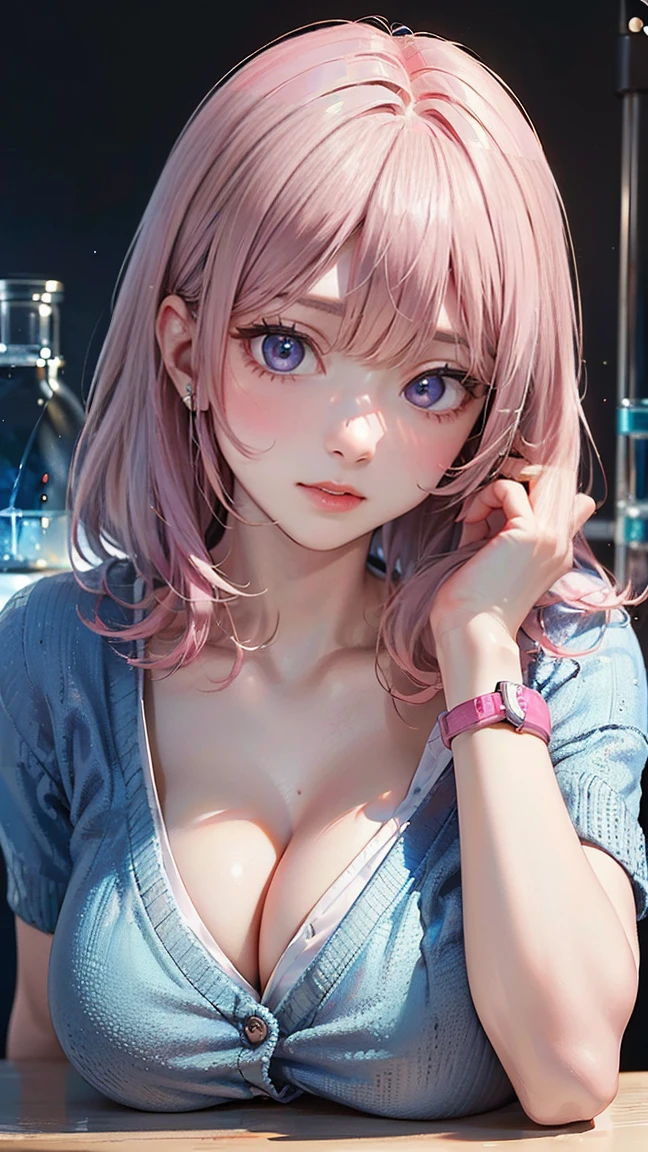 ((Highest quality, 8k, masterpiece :1.3)), (Sharp focus :1.2, Beautiful woman with perfect figure :1.4, Slim Abs), ((Big Breasts, Emphasize cleavage:1.2)), (Photorealistic:1.4), (realistic:1.4), (Pink Hair:1.5), Highly detailed face and skin texture, Fine grain, double eyelid. Makeup face, A little bit of lipstick, sex appeal, Sexy gravure pose, ((Blue cardigan and white blouse、The background is the science lab.、Interested expression、Misanga on the wrist、Leaning on the lab equipment。:1.3)