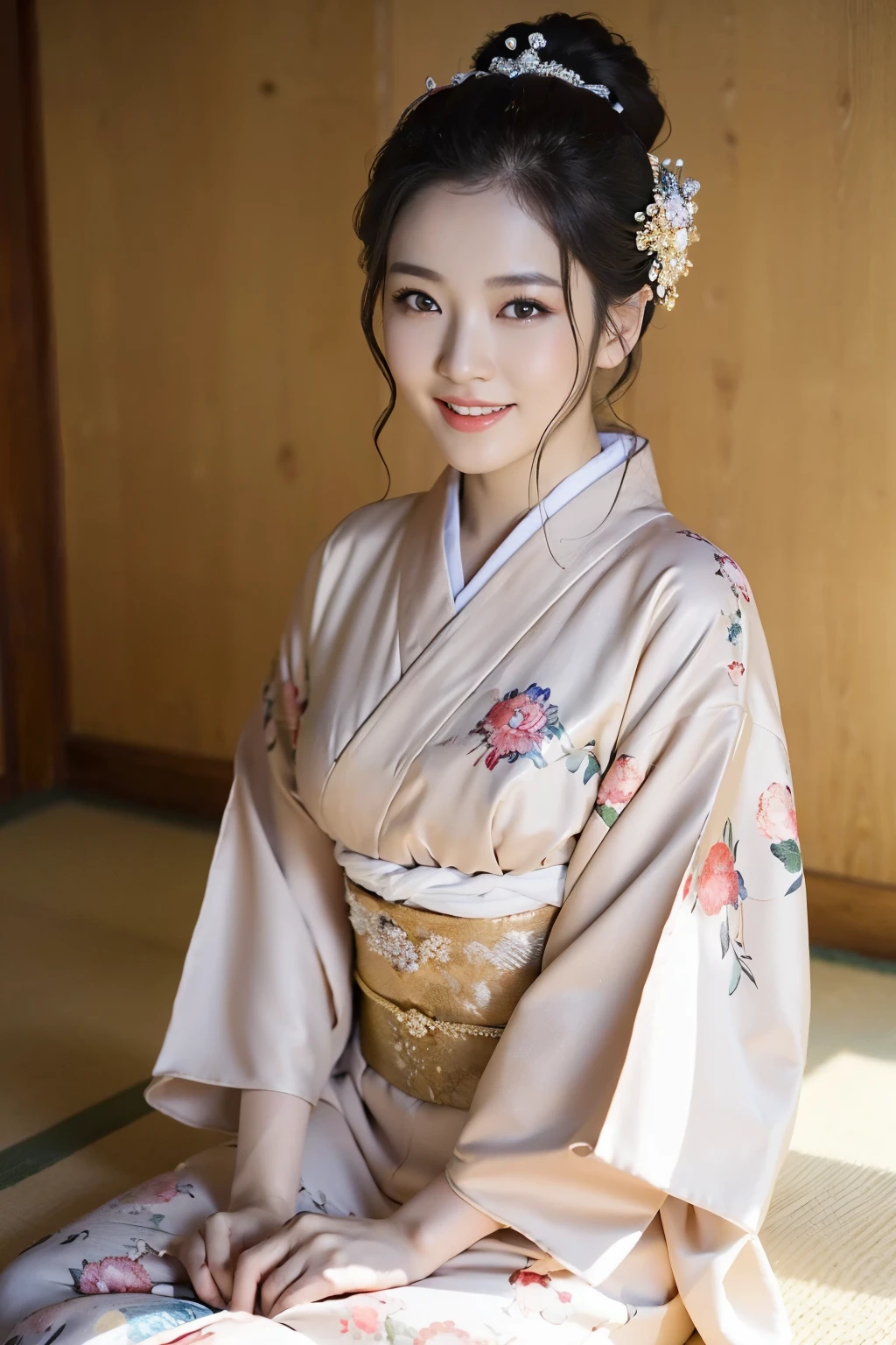 Upper class wife sitting on the floor in kimono, Elegant Japan Woman, With a captivating smile, (38 years), Japanese Goddess, (Keep your hair up and short)、Lovely lady, Graceful smile pose, Beautiful Japan woman sitting, RAW Photos, (In 8K、Highest quality、masterpiece:1.2)、(Intricate details:1.4)、Octane Rendering、Complex 3D rendering with ultra-detail, Vivid details, Super Detail, Realistic skin texture, Detailed aspect, Beautiful details in the eyes, Makeup, (Detailed Background:1.2), Shiny skin、Laughter、