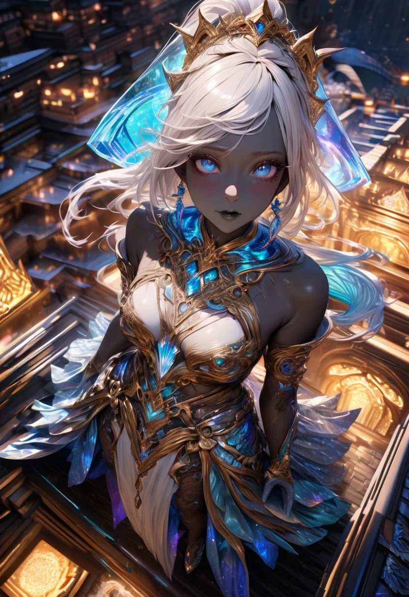 (((intricate design))) (((professional))) (((clear focus))) (((32k UHD Resolution))) (((photorealistic))) (((hyper-detail))) (((masterpiece))), ultra-realistic, a digital render, expressive eyes, perfect face, mesmerising eyes, perfectly detailed anatomy, low contrast, (((Volumetric lighting))) (((cinematic lighting))) (((sunny)) (((1female))) empyrean, empyrean being, empyrean appearance, ultra-realistic, textured skin, elegant, glamorous makeup, full body, female goddess of crystals, shattered glass, intricate design, beautiful white iridescent dress, long gloves, jewels, plastic, neon glitter, confetti, (((black skin black complexion, dark complexion, dark skin))) neon blue eyes, (((neat long straight white hair with bangs and light blue highlights))) high ponytail, white lipstick, grimoire, holding a grimoire, blue earrings, deity, neon lights, glass particles, white eyelashes, (((on the roof of a palace))) (((from above))) Prismatic Barrier