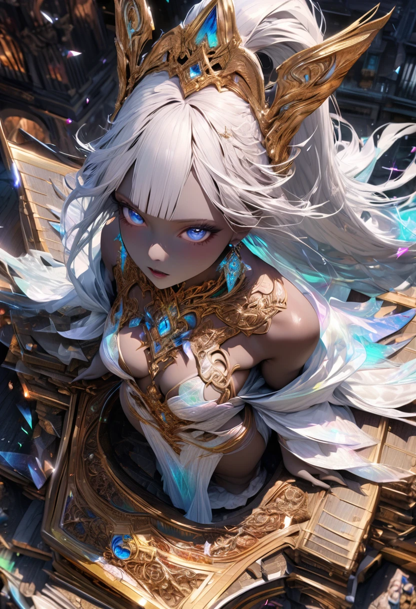 (((intricate design))) (((professional))) (((clear focus))) (((32k UHD Resolution))) (((photorealistic))) (((hyper-detail))) (((masterpiece))), ultra-realistic, a digital render, expressive eyes, perfect face, mesmerising eyes, perfectly detailed anatomy, low contrast, (((Volumetric lighting))) (((cinematic lighting))) (((sunny)) (((1female))) empyrean, empyrean being, empyrean appearance, ultra-realistic, textured skin, elegant, glamorous makeup, full body, female goddess of crystals, shattered glass, intricate design, beautiful white iridescent dress, long gloves, jewels, plastic, neon glitter, confetti, (((black skin black complexion, dark complexion, dark skin))) neon blue eyes, (((neat long straight white hair with bangs and light blue highlights))) high ponytail, white lipstick, grimoire, holding a grimoire, blue earrings, deity, neon lights, glass particles, white eyelashes, (((on the roof of a palace))) (((from above))) Prismatic Barrier