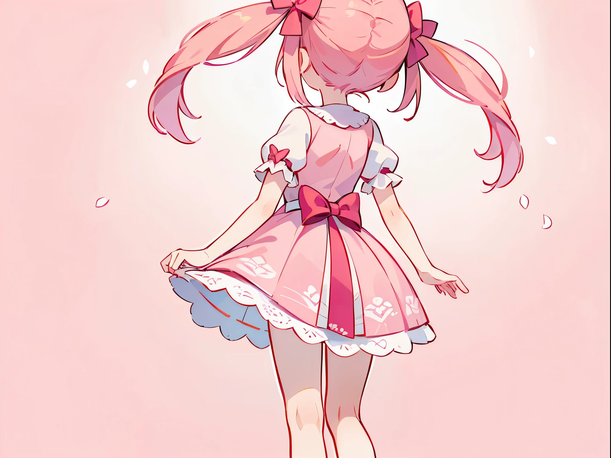 (masterpiece:1.2), best quality, highres, original, (extremely detailed:1.2), ultra-detailed, wallpaper, perfect lighting,(extremely detailed CG:1.2), 8k, 1boy, solo, crossdressing, tomgirl, kawaii, (twintails, pink hair:1.1), (Lolita Fashion, pink lolita dress, short-sleeves, bowknot on waistline, lace hemline, knee-length dress, delicate dress:1.2), (anatomically correct:1.3), (standing, close-up, from behind, view of back, back-angle, dreamlike background, pink background, girly background, sakura patterns:1.2)