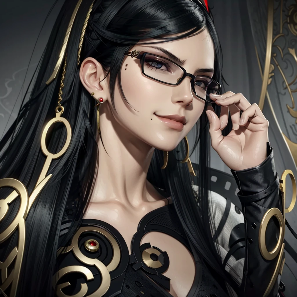 Bayo, Bayonetta, 1 girl, alone, Mole under mouth, Glasses, Black Hair, Mole, jewelry, Compensate, Earrings, smile, eye shadow, Portraiture, Long Hair, lips, lipstick, Grey Eyes
