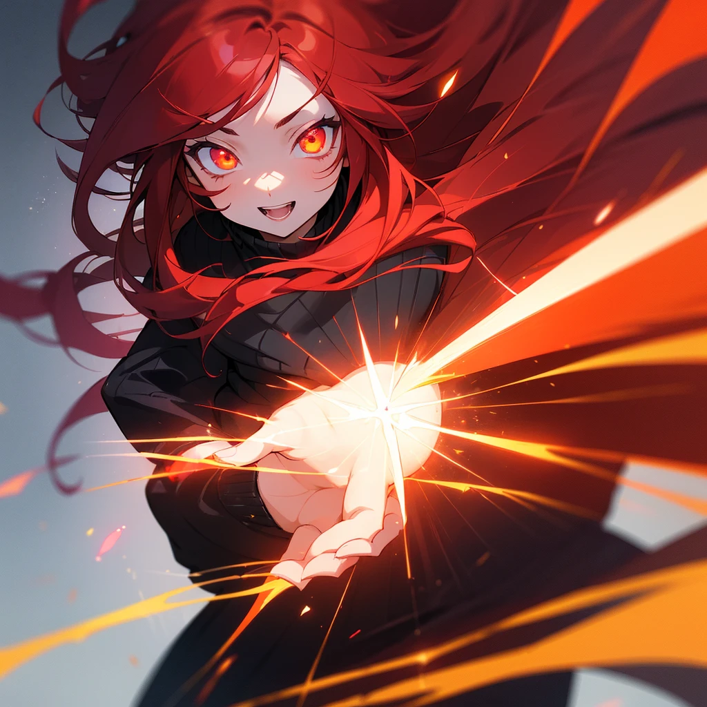 ((best qualityer)),((sorriso dark))((long red hair)), ((4K)), ((beautiful anime girl)), ((anime styling), black sweater, anime with glowing eyes, aura of power in blur