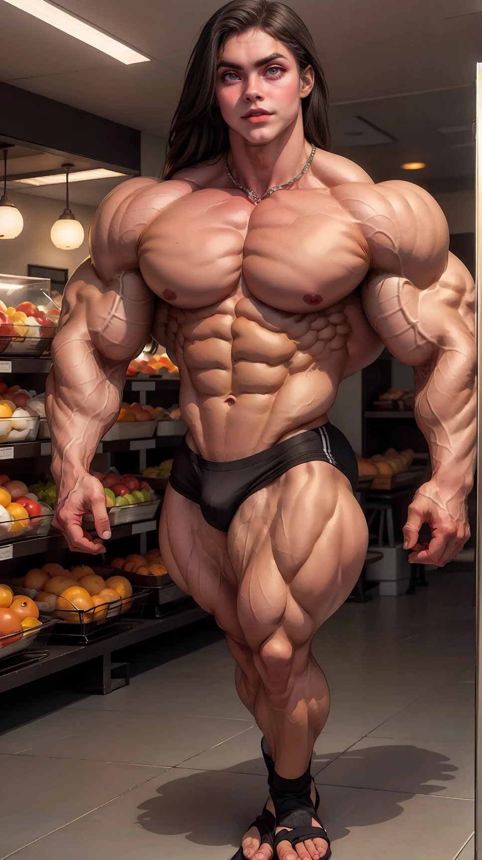 (beautiful girl:1.25), (megan fox:1.25), (large fake breasts:1.25), (young naked bodybuilder girl:1.25), seductive face, mouth wide open carnage style, long red hair, perfect muscular body, super skinny legs, sissy, femboy, (full body view:1.25),