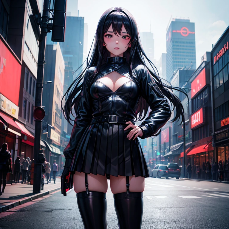 Anime girl wearing leather skirt and black lingerie standing on city street, Long-haired Ilya Kuvshinov, Guviz style artwork, anime art wallpaper 8k, Guvitz at Pisif Art Station, Guwiz on Pisiv Art Site, Cyberpunk anime art