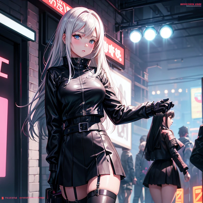 Anime girl wearing leather skirt and black lingerie standing on city street, Long-haired Ilya Kuvshinov, Guviz style artwork, anime art wallpaper 8k, Guvitz at Pisif Art Station, Guwiz on Pisiv Art Site, Cyberpunk anime art
