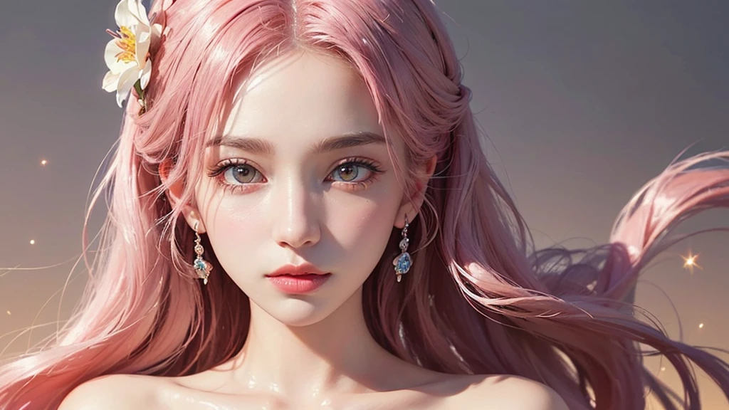 One girl, alone, flower畑, flower, (Official Art, unity 8k wallpaper, Super detailed, beautifully、aesthetic, masterpiece ,Highest quality:1.3), (Dynamic Angle:1.2), (Floating colorful sparkles:1) , elegant, Vibrant colors, Highly detailed face, Detailed eyes, Glowing Skin, Glossy Lips , Pale pink and pale orange background, Pink Hair,