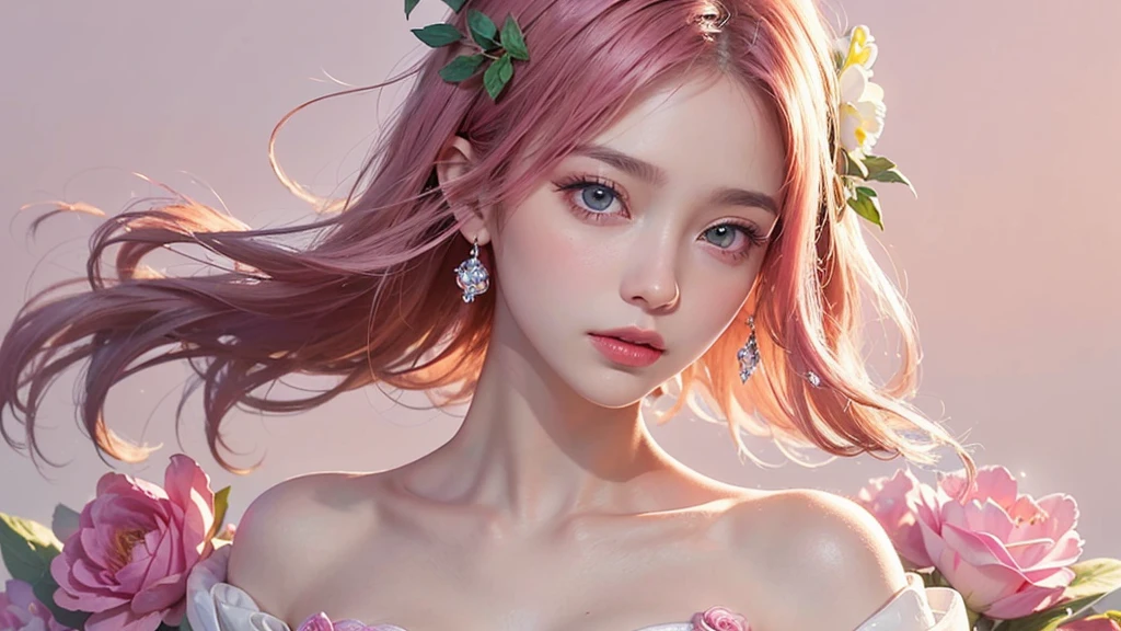 One girl, alone, flower畑, flower, (Official Art, unity 8k wallpaper, Super detailed, beautifully、aesthetic, masterpiece ,Highest quality:1.3), (Dynamic Angle:1.2), (Floating colorful sparkles:1) , elegant, Vibrant colors, Highly detailed face, Detailed eyes, Glowing Skin, Glossy Lips , Pale pink and pale orange background, Pink Hair,