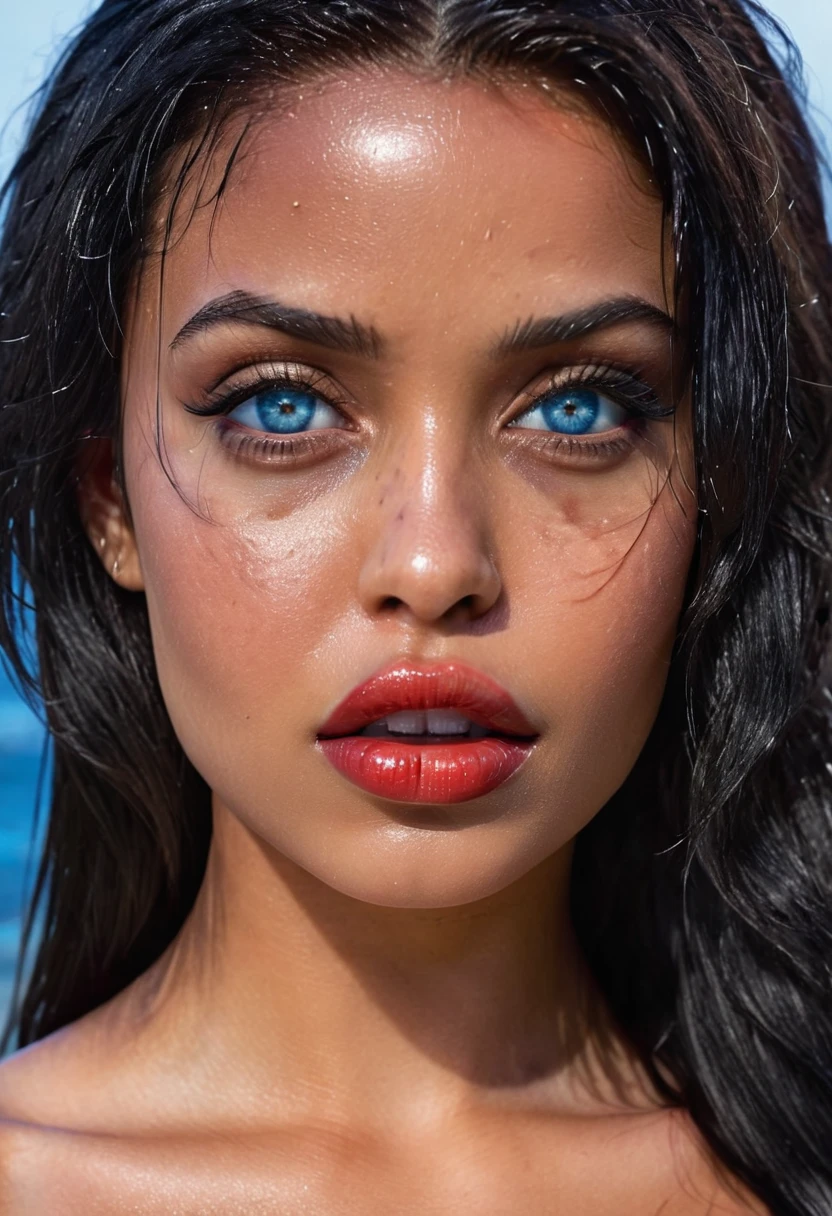 (muste piece, highest quality)((8k)),full body,black hair,black skin ,super detailed,((full body)),arab girl,very hot girl ,blue eyes,red lips ,photorealistic,dark bronze shiny skin,sweaty skin ,wet skin,beautiful female mode,Black woman in black bilini, blue eyes,in cinema,horny, (shiny skin), she is wet and intimate, she has a submissive expression, direct eye contact, hyperrealistic, unreal engine 5,Suggested pose, 8K