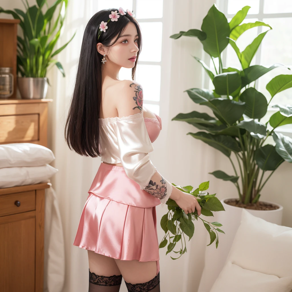 (best quality),(Highest image quality),(highres),original,(Extremely uniform picture),(highly detailed),(best illustration),(an extremely delicate and beautiful),(Pink eyes),(hair flower),high heelss,headband,{{lited_ by self}},{{lingerie shop}},indoor,{{2girls}},,high heelss,nowing,hair flower,headband,masterpiece,best quality,official art,extremely detailed CG unity 8k wallpaper,long hair,((cleavage)),pink clothes,Small handbag,long eyelashes,(((silk stockings))),earring,((((Triangle underwear)))),((((gigantic breasts)))),garden,dress_lift,(((((Off shoulder military uniform))))),((((Off shoulder skirt)))),forehead,shed tears,(((crying))),Pink heart-shaped necklace,Diamond Earrings,(((Long eyelashes))),((Flower tattoo)),ahoge,(((straight_hair))),((Extremely long hair)),((Black hair)),