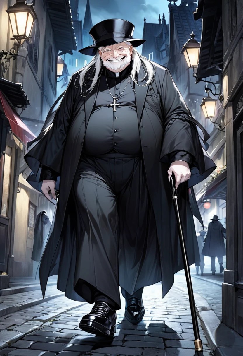 Fat and ugly old man、He has a creepy smile on his face、Scary atmosphere、Villain、Pale skin、Wearing a black hat、Priest Costume、Wearing black leather shoes、Well-dressed、With a black cane、Walking alone through a European city at night