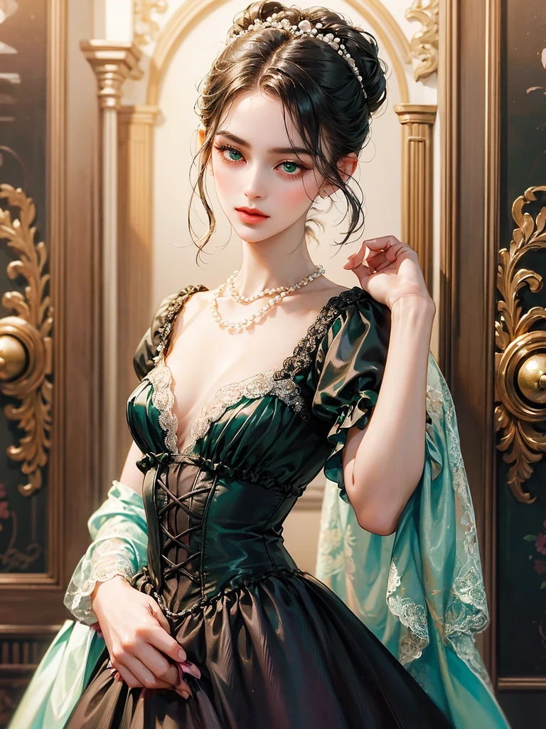 She wears a black victorian dress