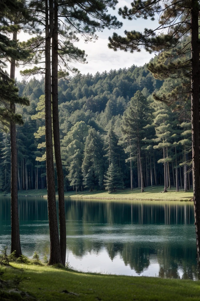 A landscape of a dark forest, the dark green lawn and there is a lake (there is a red guitar next to the person taking the photo ) the sky is gray, There are big trees, and the forest looks like a forest,