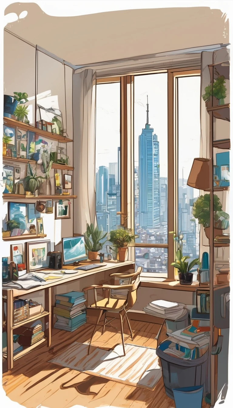 Illustration of a room overlooking the city, A room of lively artists working hard, Details of the fine, comfortable, Clean and tidy room