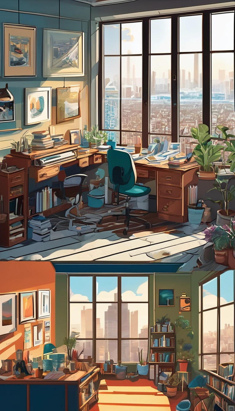 Illustration of a room overlooking the city, A room of lively artists working hard, Details of the fine, comfortable, Clean and tidy room