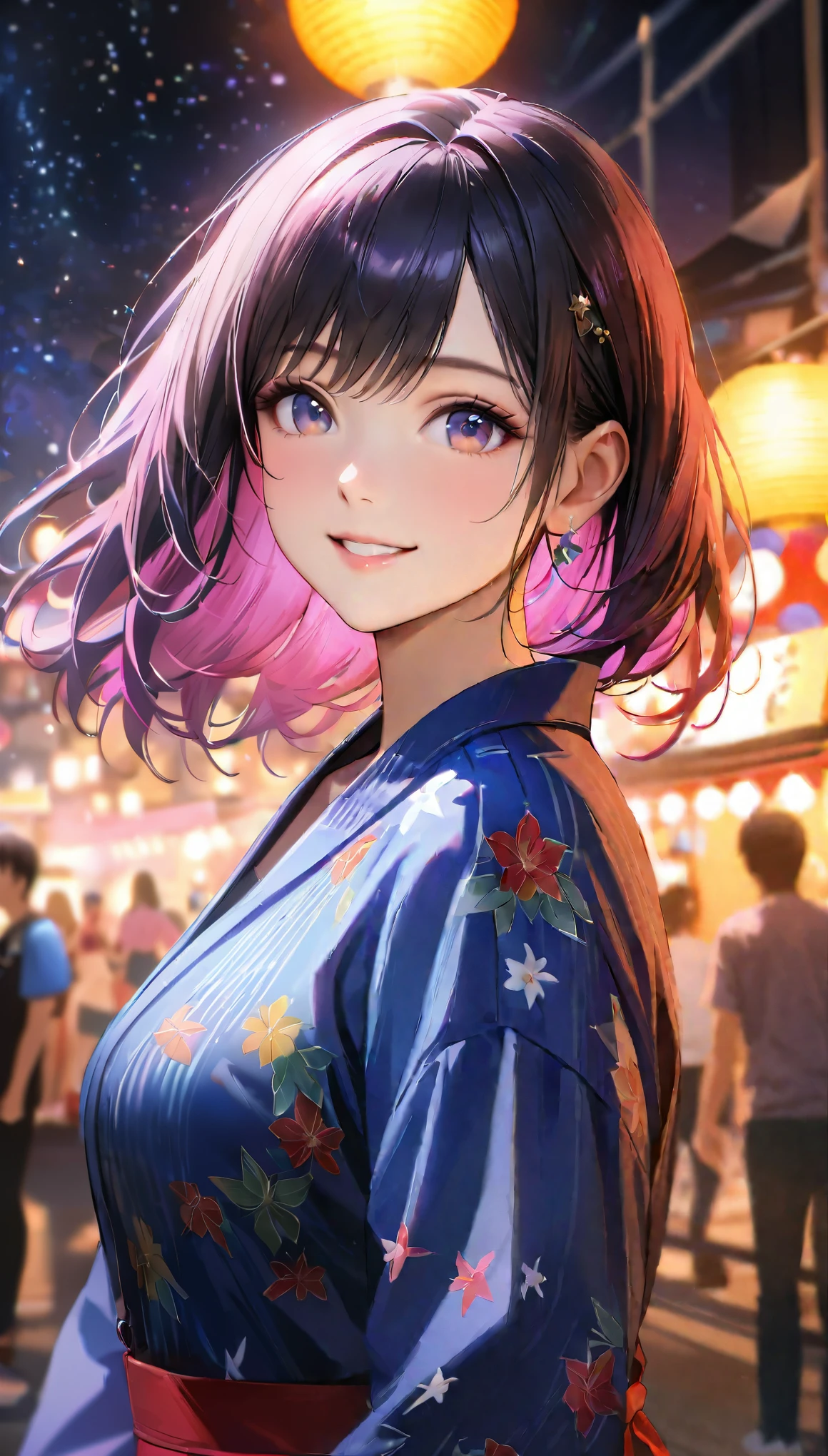 Young woman enjoying the summer festival,night, Starry Sky,Cute Yukata,Gazing at the sky,Blur the background,high school girl,smile,Highest quality, 8k, High resolution, masterpiece:1.2, Very detailed, Realistic:1.37, High resolution, 超High resolution, Ultra-fine painting, Very detailed, Professional, Vibrant colors