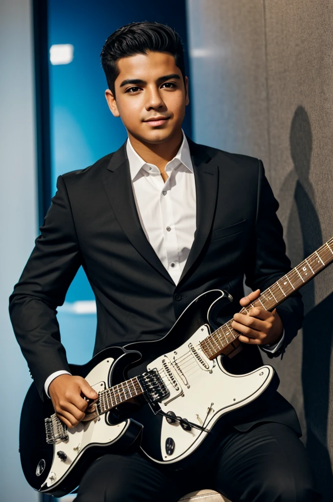 Latino boy in black suit playing electric guitar