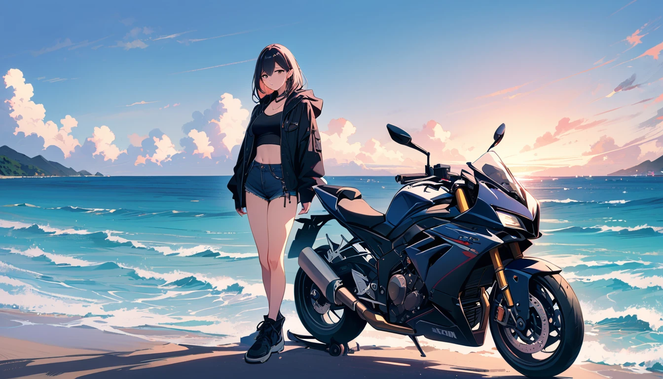 (masterpiece, Highest quality:1.2), 1 Girl, alone,Eyes open,Tropical atmosphere,Ocean,Standing next to the motorcycle