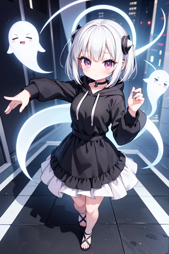 Anime-style image of a woman with white hair and black clothing, Cute 3D anime girl render, Cute anime waifu in a nice dress, Anime VTuber Full Body Model, Anime girl in a hoodie, Highly detailed characters, Official character art,exorcist,ghost,Bobcut
