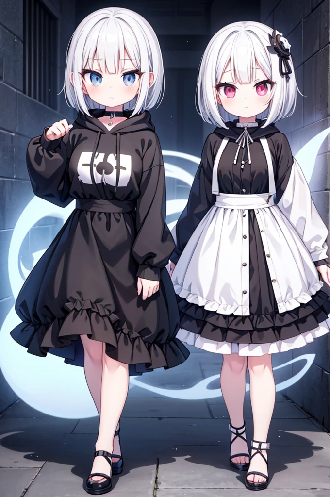 Anime-style image of a woman with white hair and black clothing, Cute 3D anime girl render, Cute anime waifu in a nice dress, Anime VTuber Full Body Model, Anime girl in a hoodie, Highly detailed characters, Official character art,exorcist,ghost,Bobcut