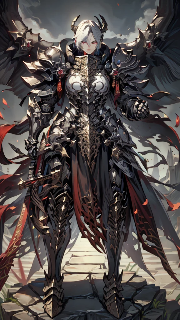 (masterpiece, 4K ,Super detailed:1.2), (anime:1), (Perfect quality), (anger), The whole body is shown, View Viewer, Holding a longsword, 1 person, Beautiful Face, a Beautiful Face, Perfect Face, Faces of Europe, Expressive features, Correct anatomy of the face, Beautiful Eyes, Beautiful Nose, Facial blemishes, Gray Hair (Hairstyle Bob), Power Armor (red, material: metal, full body armored, Fully armored legs, Lots of details, Eagle on chest), Fully grown