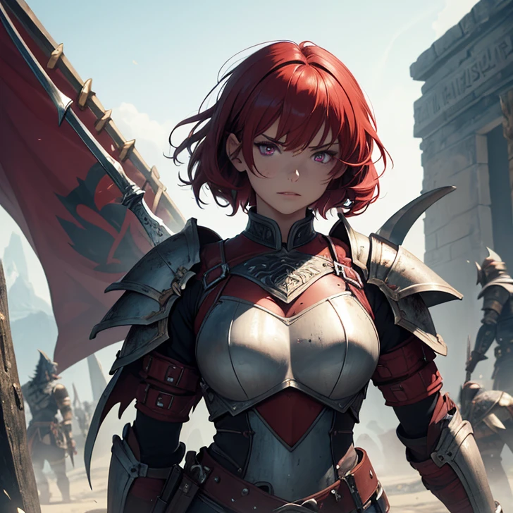 (absurdres, high fantasy artwork, best high quality image, carefuly detailed, very detailed features and textures, everquest-aesthetic)
{{1character: 25 years old red haired barbarian girl, (scarlet red short hair, purple eyes with black pupils, bleeding face, very thin lips, white skin with blood, wearing full armor, attack pose, very serious face, no sense of humor), (full bulky knight armor with blood, full bulky shoulder plates with blood, full armored bulky-breast-plate-armor-no revealing-skin dirt with blood, full gauntlets plates, full elbow plates, full plate boots), (her weapon: broad sword on her back), (Wooden irish cotage with ancient Greek forniture and celtic forniture, battle scene in fire)}}