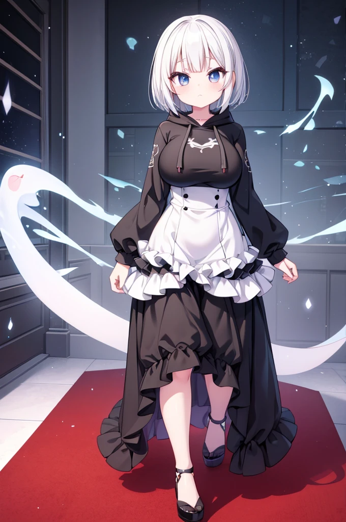 Anime-style image of a woman with white hair and black clothing, Cute 3D anime girl render, Cute anime waifu in a nice dress, Anime VTuber Full Body Model, Anime girl in a hoodie, Highly detailed characters, Official character art,exorcist,Big Tits,ghost,Bobcut