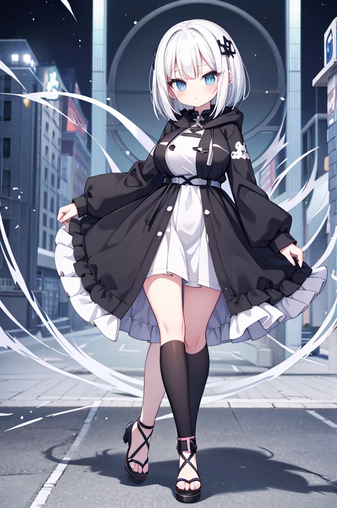 Anime-style image of a woman with white hair and black clothing, Cute 3D anime girl render, Cute anime waifu in a nice dress, Anime VTuber Full Body Model, Anime girl in a hoodie, Highly detailed characters, Official character art,exorcist,Big Tits,ghost,Bobcut