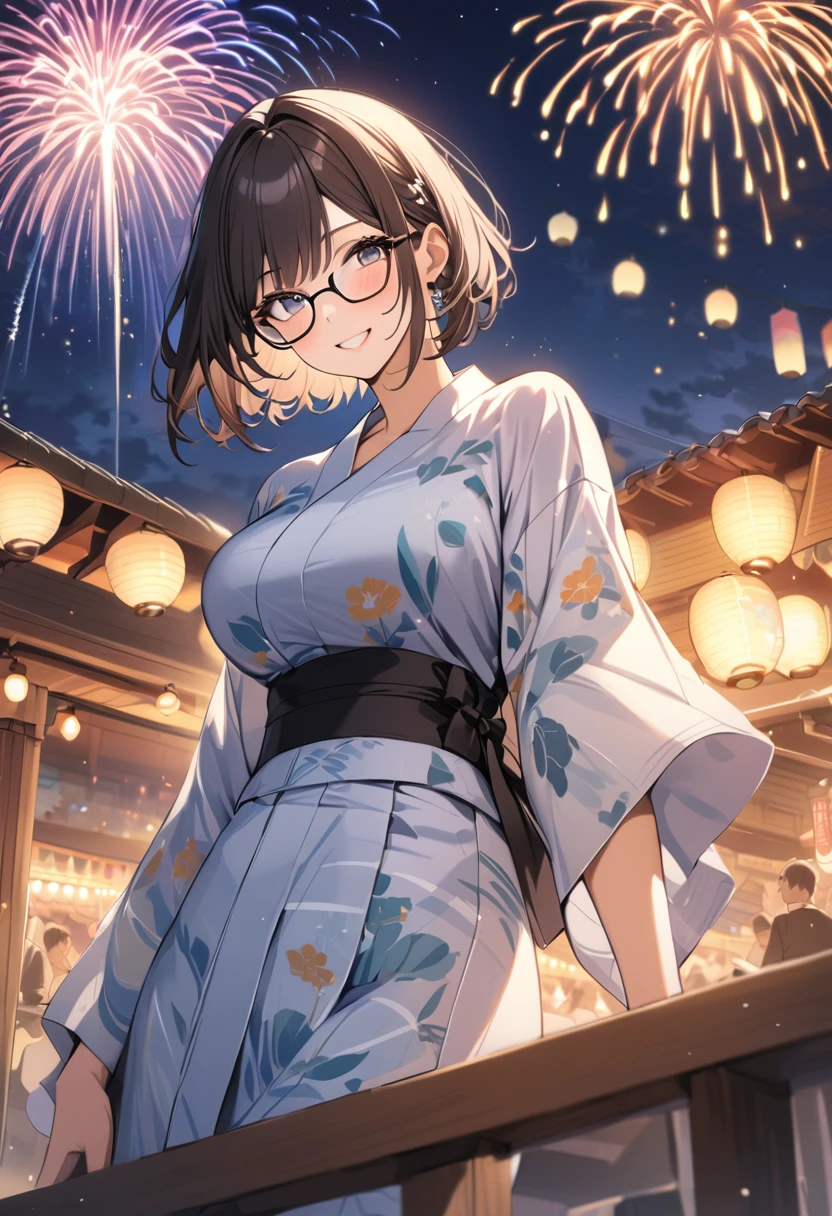 Highest quality, Highest Resolution, Super detailed,１People Girls, fair,yukata,Big Breasts, firework,Short Hair,Glasses,smile,Exciting
