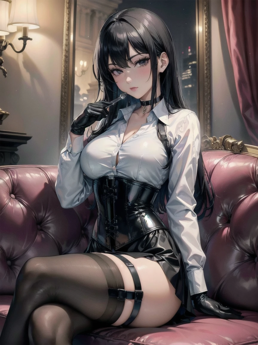 masterpiece, Superior image quality, High resolution, 4k image,photo and gross, photorealistic, whole body, 1 young teen girl, sitting, {{{vagina}}}, beautiful face, long black hair, black eyes, very detailed eyes, pink cheeks, serious expression, choker:1.6, (white collar button down long sleeve shirt), black gloves, gloves that cover hands, holds a glass of wine, (black leather corset), (shiny black miniskirt), Sensual Lips, show details in the eyes, View from the front, looking at the viewer, sitting en una silla elegante, Elegant living room, at night