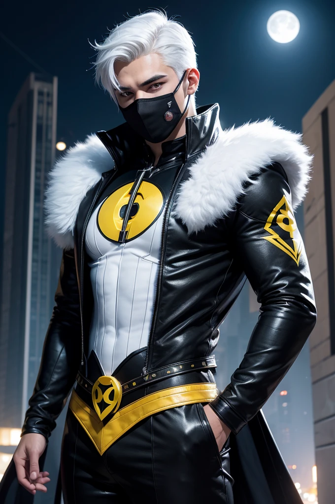 Create a comic in the style of DC comics about a young man in his 20s with white hair and yellow eyes, with black superhero costume with some white details, with a moon symbol on the chest of the costume, a black mask with a moon symbol on the forehead
