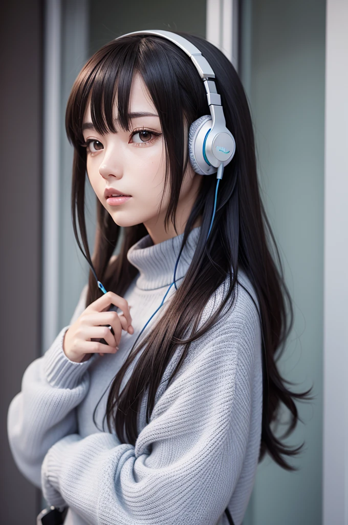 Create an anime character with headphones and a sweater
