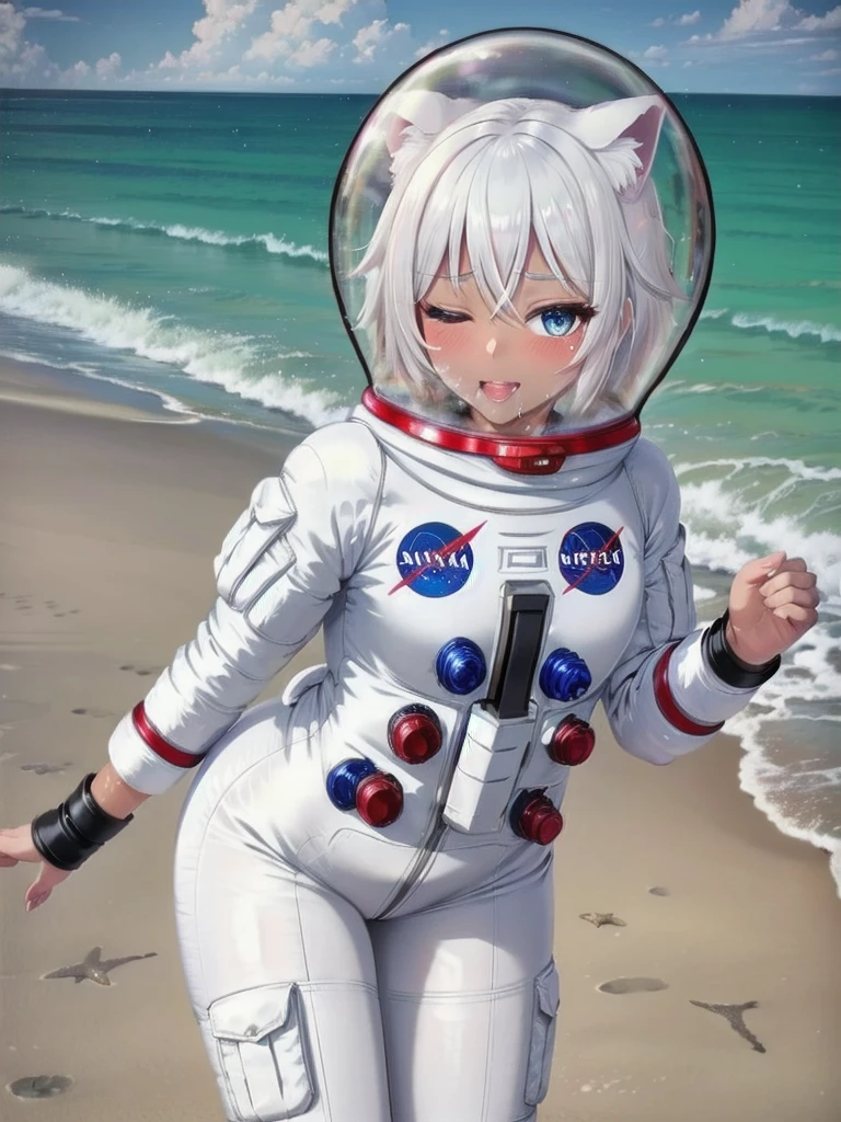 Highly detailed CG, 8k wallpaper, best quality, masterpiece, higher eyes and nose, very delicate and beautiful, beautiful, detailed,, (blue eyes: 1), (beautiful hands), (beautiful fingers) , , necklace (water:1.6), (beach:1.5), (messy hair:1.5), (leaning forward:1), looking at the viewer, (smile:1.3), (one eye closed:1.2) , (sweating), (beautiful toes), (6 years old:1.5), (1girl), (ash white hair:1.5),(middle hair:1 ), (dark skin: 1.4), (thigh circumference: 1.3) , beautiful, narrow waist, white thigh highs, narrow waist, thighs, wide hips, eyeliner, eyelashes, perfect face, detailed eyes, (dark skin : 1.5),,,(spacesuit: 1.15) , white cargo pants, astronaut )bubble helmet, space helmet, space helmet, CAT EARS, bubble helmet, eva helmet, ballgag, gagged, ball gag, gag, sweater, black hair,
