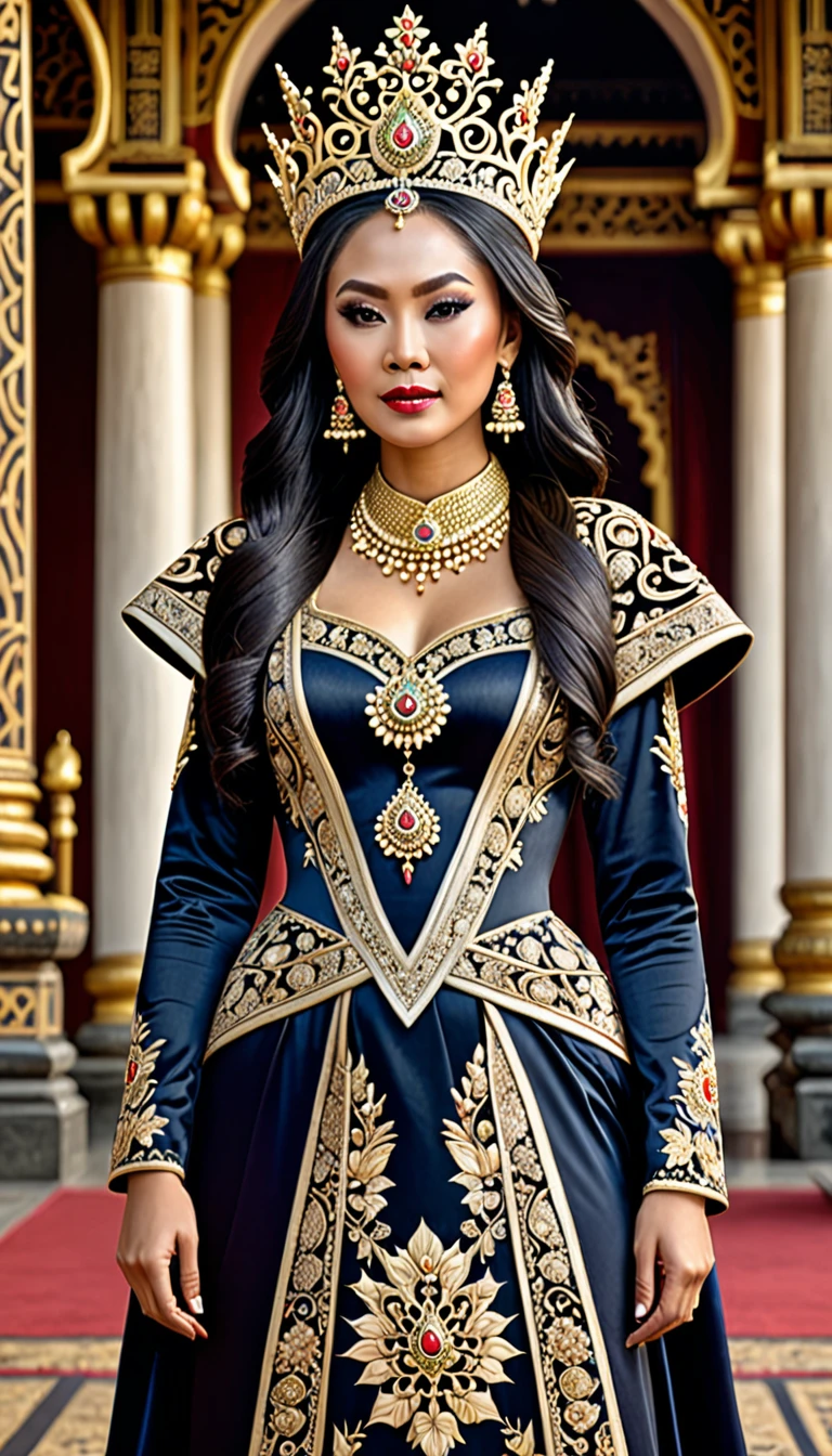 high detail, best quality, 8k, [very detailed], masterpiece, best quality, (very detailed), ultra wide shot, photorealistic, image of a Javanese empress wearing a Javanese royal gown (intricate detail, Masterpiece, best quality: 1.5 ), holding a scepter (intricate detail, Masterpiece, best quality: 1.5), wearing a crown with 12 stars (intricate detail, Masterpiece, best quality: 1.5), standing in front of the palace facing the enemy (intricate detail, Masterpiece, best quality: 1.5), black hair, long hair, flowing hair, sharp eyes, dynamic light, from the front, [[12 stars in the background]], best quality, high resolution, ultra wide angle