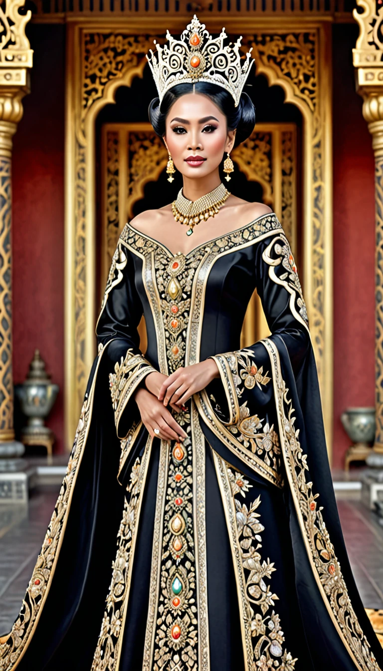 high detail, best quality, 8k, [very detailed], masterpiece, best quality, (very detailed), ultra wide shot, photorealistic, image of a Javanese empress wearing a Javanese royal gown (intricate detail, Masterpiece, best quality: 1.5 ), holding a scepter (intricate detail, Masterpiece, best quality: 1.5), wearing a crown with 12 stars (intricate detail, Masterpiece, best quality: 1.5), standing in front of the palace facing the enemy (intricate detail, Masterpiece, best quality: 1.5), black hair, long hair, flowing hair, sharp eyes, dynamic light, from the front, [[12 stars in the background]], best quality, high resolution, ultra wide angle