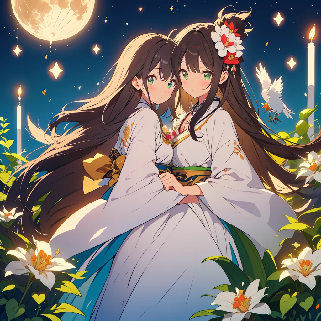 kawaii, anime, Cute, hyper quality, highly detailed, 8k, Clarity, dark brown long hair, green eyes, Moonlit beauty flower, Epiphyllum oxypetalum flower, upward glance, Front facing, come close, A pure white full moon in the sky, moonlight, shining hair, Moist eyes, Draw facial expressions in detail, A Queen of the Night, Dutchmans pipe cactus, Hanafuda art, flowers, birds, wind and moon, A white flower with radiating petals, moonlight, large white flower, The wind is blowing, White flower, golden eyed sister, intertwine, 	